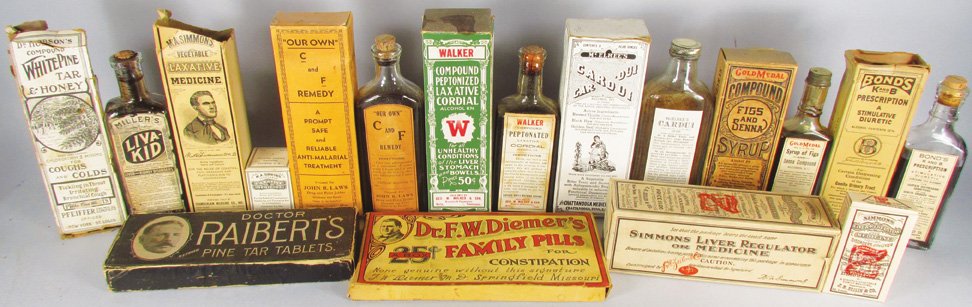 Collection of Rx Items: Collection of Rx Items. Doctor Raibert's Pine Tar Tablet box, Dr. F.W. Diemer's Family Pills box, C & F Remedy, Cardui, Simmons Liver Regulator, Dr. Hobson's Pine Tar, Walker Compound, Bond's, M.A. Si