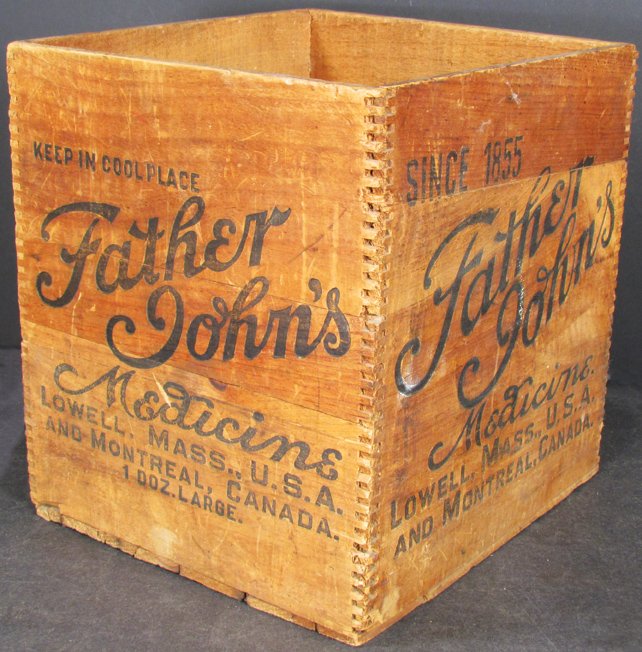 Father John's Medicine Wood Shipping Crate: Father John's Medicine Wood Shipping Crate. Lowell, Mass USA and Montreal, Canada. Good original condition. 1 X 11 X 9 3/4 inches.