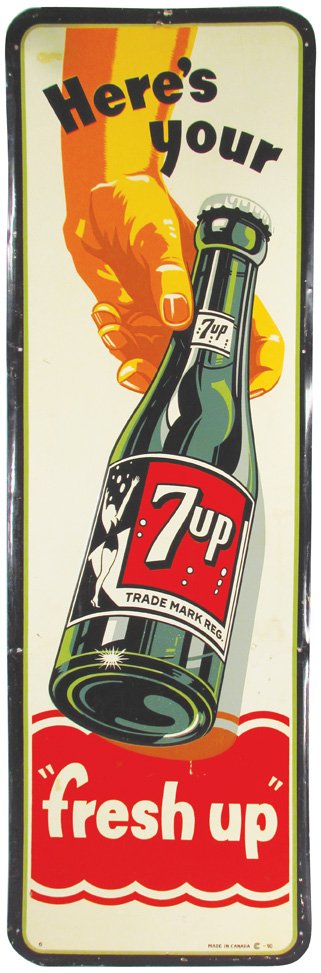 Rare 7-Up Here's Your "fresh up" Tin Sign: Rare 7-Up Here's Your "fresh up" Self Framed Tin Sign. Bathing beauty bottle. Minor blemishes and scratches. 17 X 53 inches.