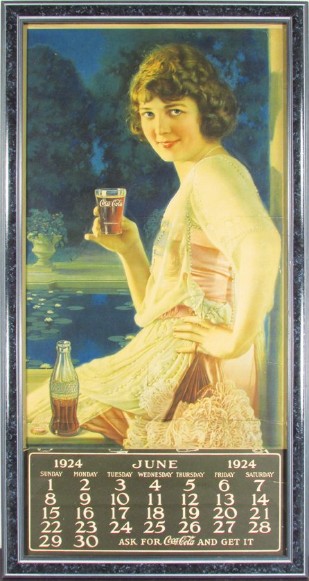 1924 Coca Cola Calendar: 1924 Coca Cola Calendar. Girl in pink dress with hobble skirt bottle. Original band at top and Jun-Dec pad. Tear above pad and horizontal wrinkles otherwise good condition. Framed under glass. 12 X 24