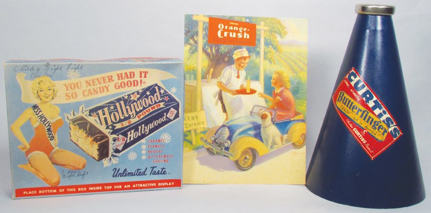 Collection of Soda & Candy Items: Collection of Soda & Candy Items. Curtiss Megaphone, Orange Crush String Hanger (depicting rare Skippy Pedal Car) and Hollywood Candy Bar Box. Overall very good to good condition. Megaphone measures 8
