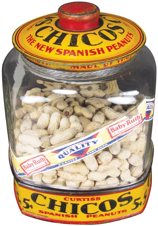 Chico's Peanuts Glass and Tin Litho Store Display: Chico's Peanuts Glass and Tin Litho Store Display. Original Baby Ruth paper label. No chips or cracks. Shelf tab missing otherwise good overall condition.