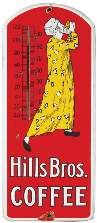 Hills Bros. Coffee Porcelain Thermometer: Hills Bros. Coffee Porcelain Thermometer. Edge wear and paint loss at grommets, small chip at 8:00. 8 3/4 X 21 inches.