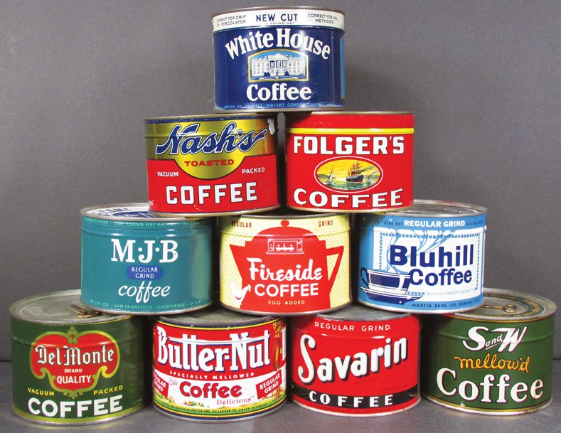 Collection of Ten Key Wind Coffee Tins: Collection of Ten Key Wind Coffee Tins, 1# size. Bluehill, Nash's, Folger's, S & W, White House, Fireside, Del Monte, Savarin, Butter-Nut and M-J-B. Overall excellent condition.