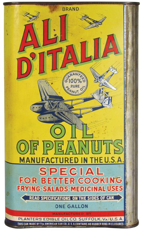 Ali D'italia Oil of Peanuts One Gallon Tin: Ali D'italia Oil of Peanuts One Gallon Tin. Planters Edible Oil Co. Suffolk, Va. Airplane motif. No lid and minor discoloration.
