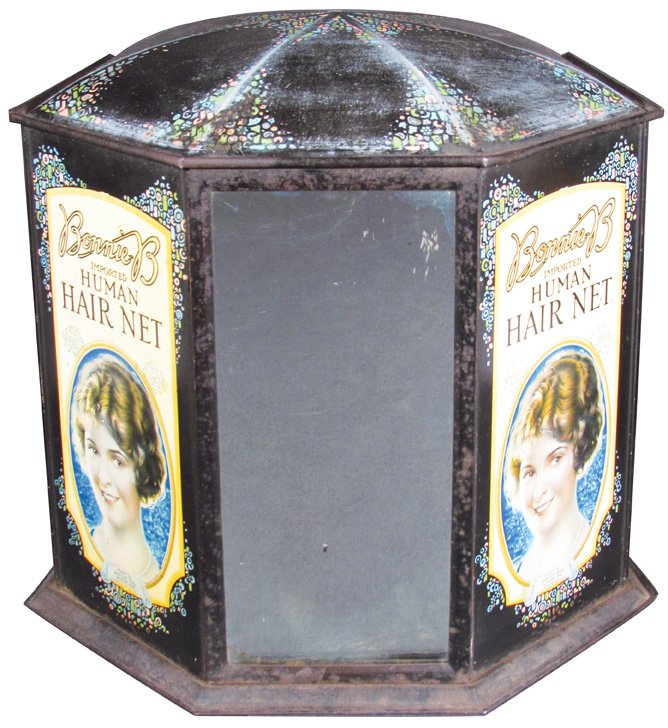 Bonnie B Hair Net Tin Store Display: Bonnie B Hair Net Tin Store Display, comes with product. Wear to lid and minor rust around bottom edge otherwise vivid color graphics. 14 1/2 X 11 X 10 inches.