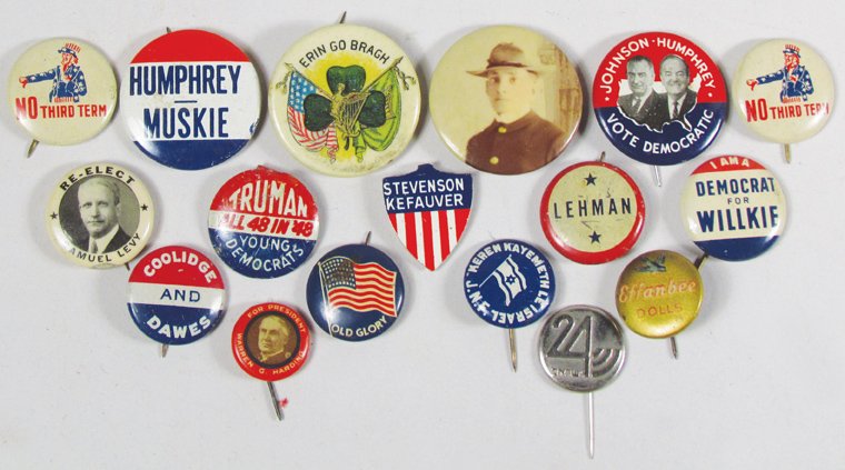 Collection of 17 Militaria and Political Pinbacks: Collection of 17 Militaria and Political Pinbacks. Celluloid picture of Soldier, Erin Go Bragh and Re-elect Samuel Levy. Misc tin political including Johnson-Humphrey, Humphrey-Muskie and Democrat for