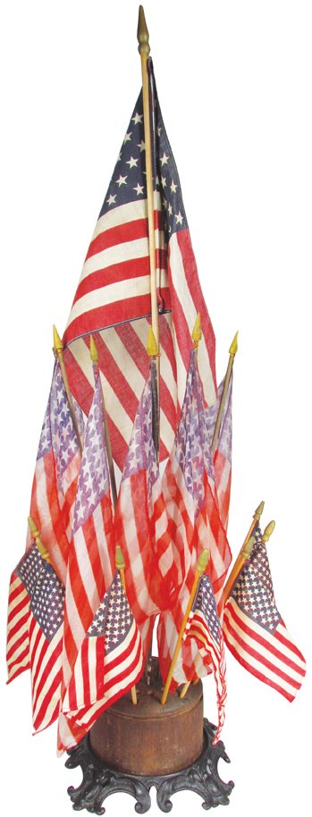 Antique Cast Iron and Wood Flag Holder: Antique Cast Iron and Wood Flag Holder. Holds 37 flags. (Does not come with Flags shown in photo). Very good original condition.