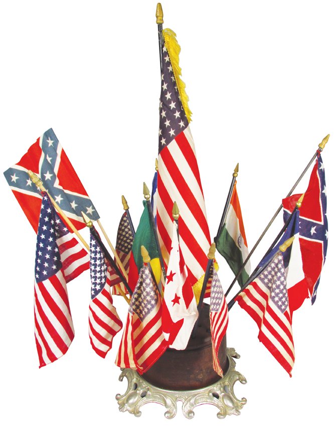 Early Cast Iron and Wood Flag Holder: Early Cast Iron and Wood Flag Holder. Holds 25 flags. (Does not come with Flags shown in photo). Very good original condition.