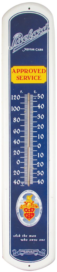 Packard Motor Cars Tin Thermometer: Packard Motor Cars Tin Thermometer, Detroit, Mich. Minor perimeter rubs otherwise very good condition. 8 X 38 3/4 inches.