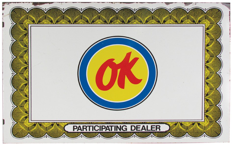 OK Used Cars Chevrolet Tin Flange Sign: "OK" Used Cars Chevrolet Tin Flange Sign. Edge wear otherwise good condition. 24 X 16 inches.
