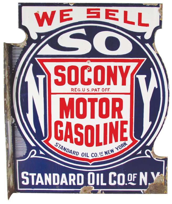 Socony Motor Gasoline Porcelain Flange Sign: Socony Motor Gasoline Porcelain Flange Sign. Edge chips and paint loss in bottom corner. 20 X 24 inches.