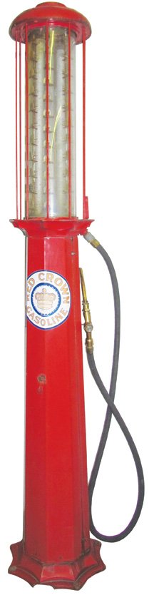 1920's Red Crown Gasoline Visible Gas Pump: 1920's Red Crown Gasoline Visible Gas Pump with cast iron base. Internal pumps have been removed for easy handling. (The Skelly Globe does not come with the pump). Crack in base otherwise good origina