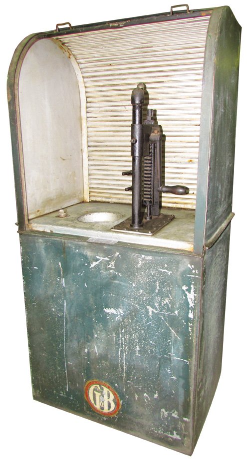 Gilbert & Barker Service Station Oil Station: Gilbert & Barker Service Station Oil Station. Circa 1910. All original with tambour front door. Good condition. 28 X 58 X 20.