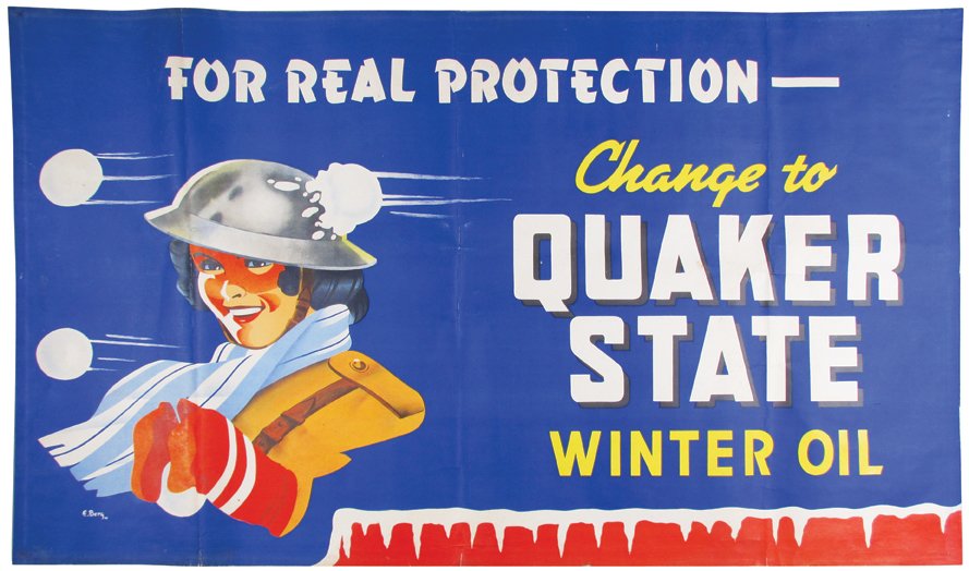 Quaker State Winter Oil Heavy Paper Banner: Quaker State Winter Oil Heavy Paper Banner. 1941 by artist E. Berg. Bright colors, excellent condition. 57 1/2 X 34 inches.