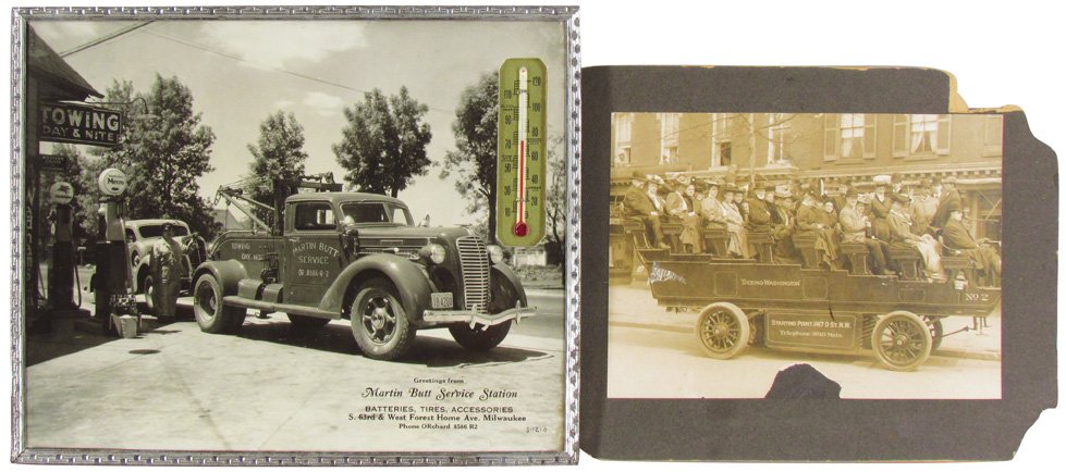 Automotive Thermometer and Photograph: Early photograph of Sight Seeing Bus and Service Station Thermometer for Martin Butt., Milwaukee. Some paper loss on photograph otherwise very good condition. Thermometer measures 10 X 8 inches.
