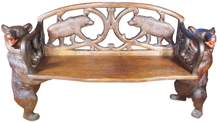 Swiss Antique Black Forest Bears Bench: Swiss Antique Black Forest Bears Bench. Circa 1880-1900. Break in back at center. 70 X 34 1/2 X 16 inches.