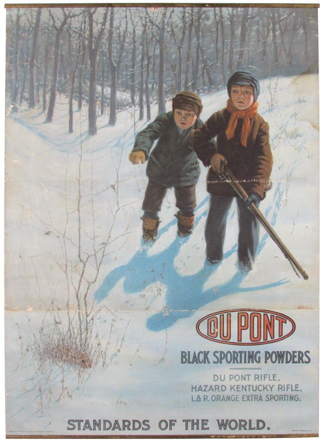 1909 DuPont Black Sporting Powders Poster: 1909 DuPont Black Sporting Powders Poster. Worth Brehm, artist. Depicting boys hunting rabbit. Original bands top and bottom. Professionally framed. Repaired tears and stain at 1:00. 14 1/2 X 20 inche