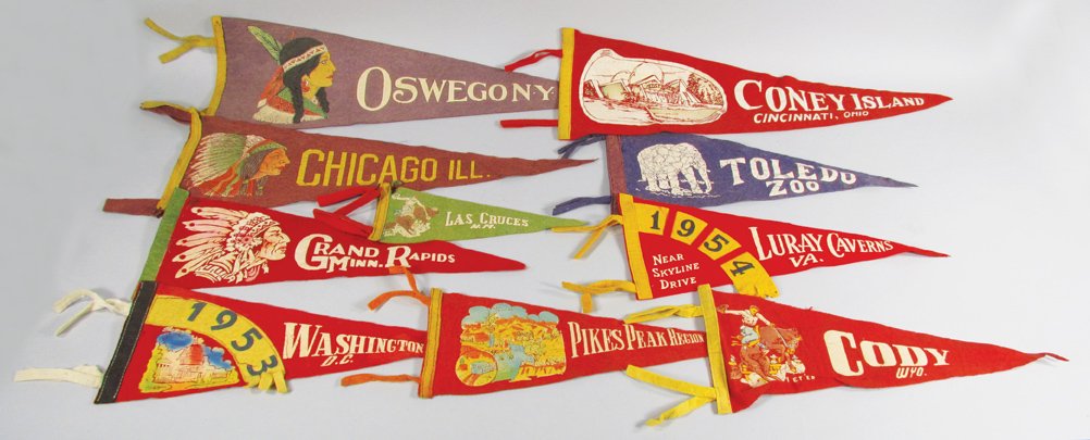 Collection of Ten Souvenir Pennants: Collection of Ten Souvenir Pennants. Most with native American motif. Overall good condition. Largest measures 26 inches long.