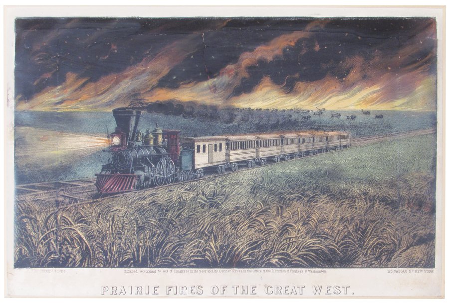 1871 Currier & Ives Print: 1871 Currier & Ives Print. Depicting, Prairie Fires of the Great West. Repaired tears and restoration. Framed under glass. 13 X 8 1/2 inches image only.
