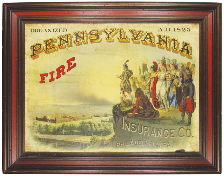 Pennsylvania Insurance Co. Tin Sign: Pennsylvania Insurance Co. Tin Sign. Philadelphia, PA. Beautiful color and graphics. Paint loss at bottom right corner otherwise good condition. 28 1/4 22 1/2 inches overall.