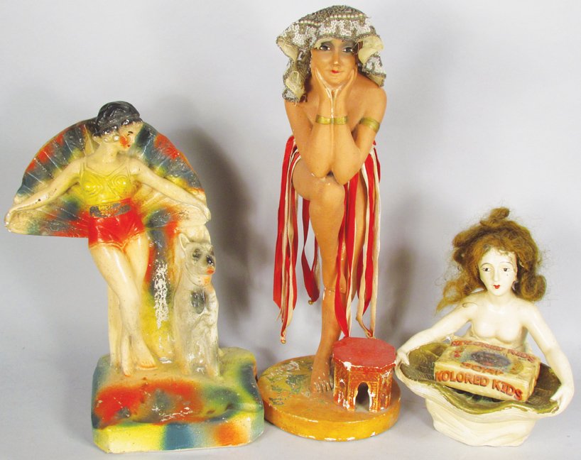 Three Chalkware Figures: Three Chalkware Figures. Belly Dancer, Mermaid and Fan Dancer. Fair to good condition. Tallest measures 14 inches tall.