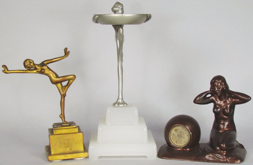 Collection of Art Deco Figures: Collection of Art Deco Figures. Cigar lighter, tray with glass base and brass figure. Tallest measures 9 1/4 inches tall.