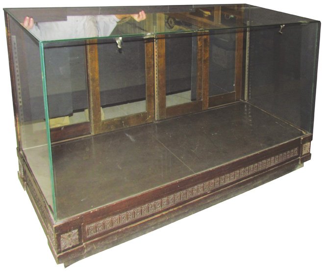 Wood Store Display Case: Wood Store Display Case. Chips and scratches on top glass. 60 X 43 X 26