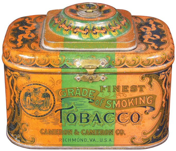 Dome Top Smoking Tobacco Tin: Dome Top Smoking Tobacco Tin. Two color version green/orange, Mfg. by Cameron & Cameron Co. Normal crazing and light scratches otherwise very good condition.