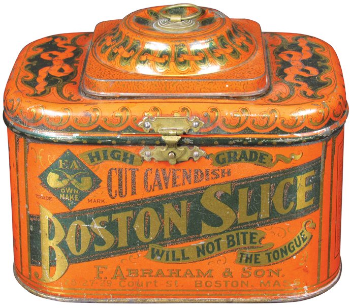 Dome Top Smoking Tobacco Tin: Dome Top Smoking Tobacco Tin. Cut Cavendish Boston Slice. Dark orange version. F. Abraham & Son mfg.'s. Few minor scratches and slight paint loss on dome top otherwise good condition.