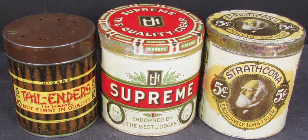 Three 50 Count Cigar Tins: Three 50 Count Cigar Tins. Tail-Enders, Strathcona and HJ Supreme. Good overall condition.