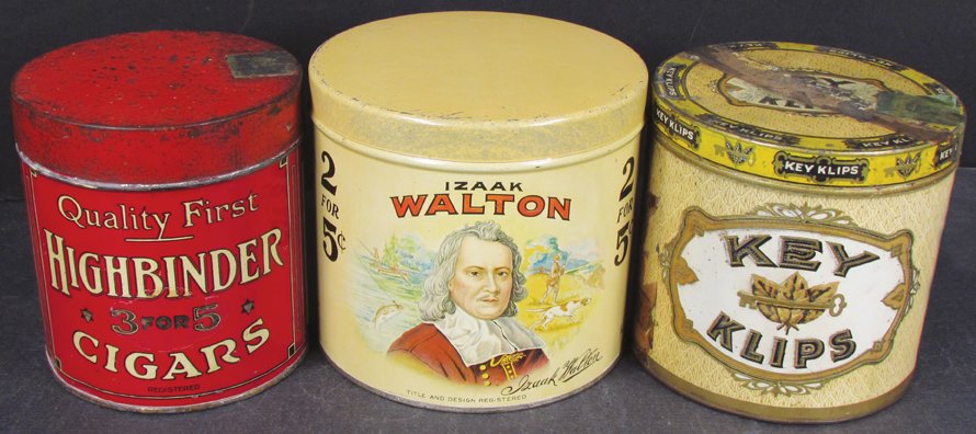 Three 50 Count Cigar Tins: Three 50 Count Cigar Tins. Highbinder, Izaak Walton and Key Klips (embossed). Overall very good to good condition.
