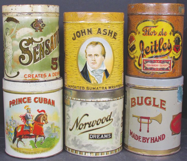 Collection of Six, 25 Count Cigar Tins: Collection of Six, 25 Count Cigar Tins. Flor de Jeitles, Prince Cuba, Bugle, John Ashe, Norwood Dreams and Sensation. Overall very good to good condition.