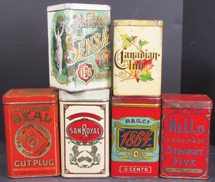 Collection of Six Embossed, 25 Count Cigar Tins: Collection of Six, 25 Count Cigar Tins. P & G Co. "1864", San Royal, Patterson's Seal, Hello Handmade, Canadian Club and Sensation. Overall very good to good condition.