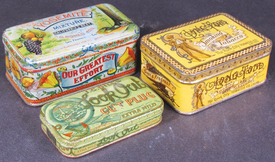 Collection of Three Tobacco Tins: Collection of Three Tobacco Tins. Long Tom with Black Americana Image. Yosemite, repair on lid. J.G. Dills Look Out Cut Plug. Good overall condition. Look Out measures 4 1/2 X 1 X 2 1/4 inches.