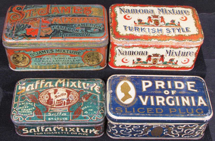 Collection of Four Tobacco Tins: Collection of Four Tobacco Tins. St. James Mixture, Pride of Virginia Sliced Plug, Saffa Mixture and Namona Mixture Turkish Style. Overall good to fair condition.