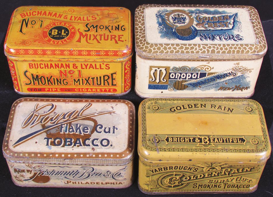 Collection of Four Tobacco Tins: Collection of Four Tobacco Tins. Golden Rain, Royal Flake Cut, Golden Crest (humidor tin) and Buchannan & Lyall's No. 1 Mixture. Overall good condition.