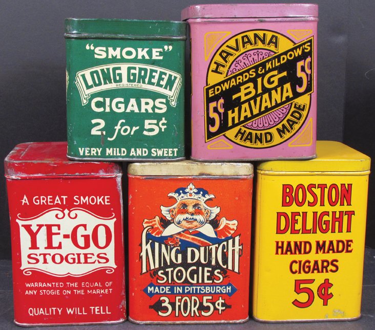 Collection of Five 50 Count Cigar Tins: Collection of Five 50 Count Cigar Tins. Boston Delight, Edward's & Kildow's Big Havana, King Dutch Stogies, Ye-Go Stogies and Long Green. Overall excellent to good condition.
