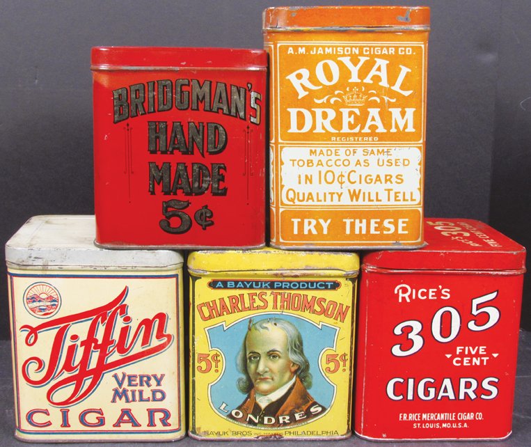 Collection of Five 50 Count Cigar Tins: Collection of Five 50 Count Cigar Tins. Charles Thomson, Bridgman's Hand Made, Royal Dream, Tiffin and Rice's 305. Overall good condition.