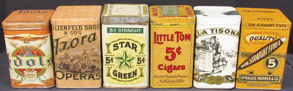 Collection of Six, 25 Count Cigar Tins: Collection of Six, 25 Count Cigar Tins. Our Straight Fives, Little Tom, La Tisona, Idols, Star Green and Azora. Overall excellent to good condition.