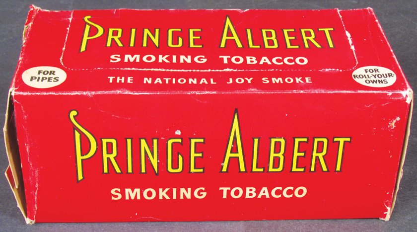 Prince Albert Smoking Tobacco Store Display: Prince Albert Smoking Tobacco Store Display with product. Box shows wear tins in near mint condition. 9 1/4 X 4 X 4 1/2 inches.