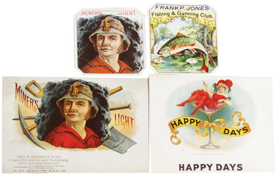 Lot of Four Cigar Labels: Lot of Four Cigar Labels. Minor Light sample and end label. Frank Jones Fishing & Gunning Club and Happy Days. Near mint to excellent condition.