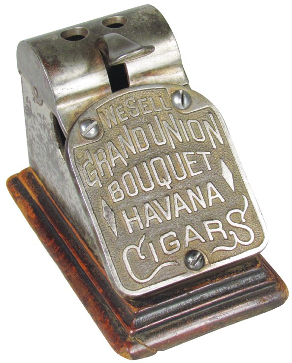 Grand Union Bouquet Havana Cigars Tip Cutter: Grand Union Bouquet Havana Cigars Tip Cutter. Most nickel worn otherwise good working condition. 2 1/2 X 3 X 4 1/2 inches.