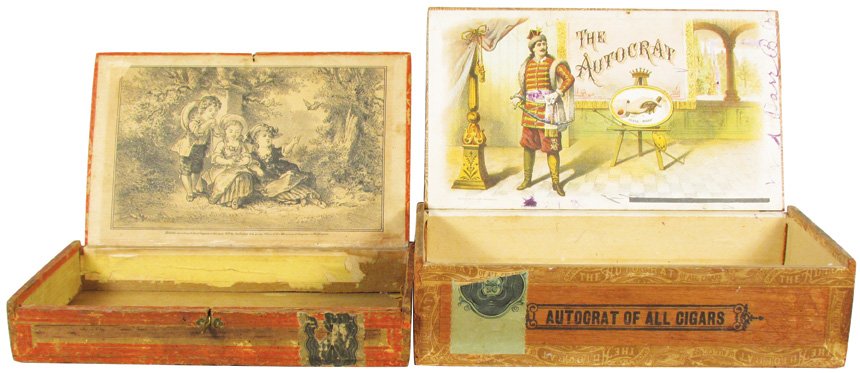 Two Cigar Boxes: Two Cigar Boxes. Autocrat has some ink stains on interior. Library of Congress litho of children on interior of other box, stamped Colorado on box end, fair condition.