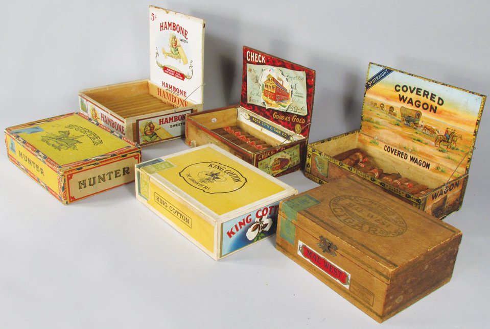 Collection of Six Cigar Boxes: Collection of Six Cigar Boxes including Check, Covered Wagon, Mae West, King Cotton, Hunter and Hambone. Overall good condition.