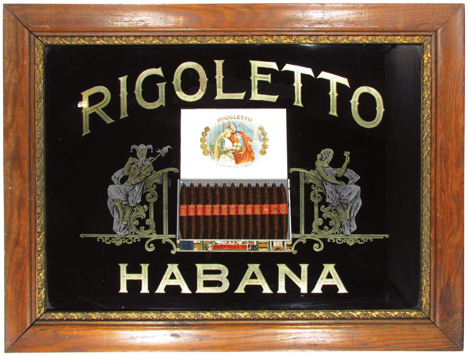 Rigoletto Habana Cigars Reverse Glass Sign: Rigoletto Habana Cigars Reverse Glass Sign. Some lifting to letters center top otherwise excellent condition. 33 X 25 1/4 inches.