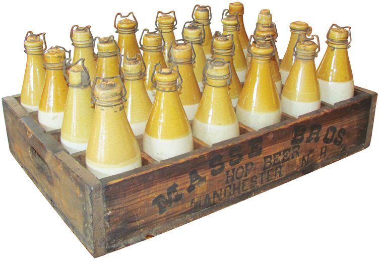 Masse Bros. Hop Beer Crate & Bottles: Masse Bros. Hop Beer Crate with 24 Stoneware Bottles. Manchester, NH. Very good original condition.