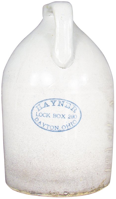 Antique Stoneware Advertising Whiskey Jug: Antique Stoneware Advertising Whiskey Jug. Marked Hayner Lock Box 290 Dayton Ohio. No chips or cracks. 11 1/2 inches tall.