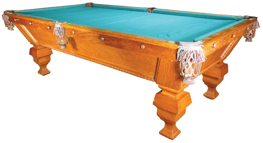 1895 Brunswick Balke-Collendar Pool Table: 1895 Brunswick Balke-Collendar "Universal" Pool Table. Quarter sawn oak, new felt and pockets. Excellent condition. 8'6" X 33 3/4 X 55 inches.