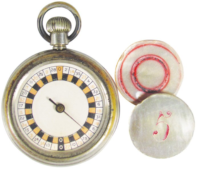 Roulette Pocket Watch Game: Roulette Pocket Watch Game and 2 Mother of Pearl chips. Wear to nickel on case otherwise good working condition. 2 inch diameter.